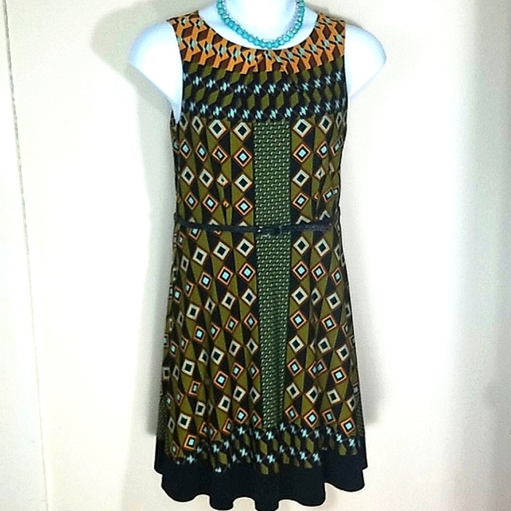 AGB Geometric Print Midi Dress Jewel Neck Sleeveless Career Office Teacher Artsy